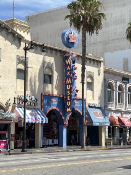 A wax museum on a sunlit boulevard, its vertical marquee sign and striped awnings behind a palm trunk.
