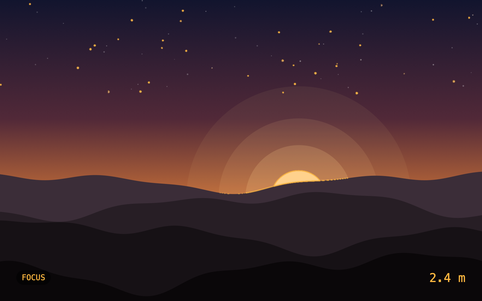 The dusk scene with an amber focus peaking fringe on the sharp horizon ridge, focus distance 2.4 meters.